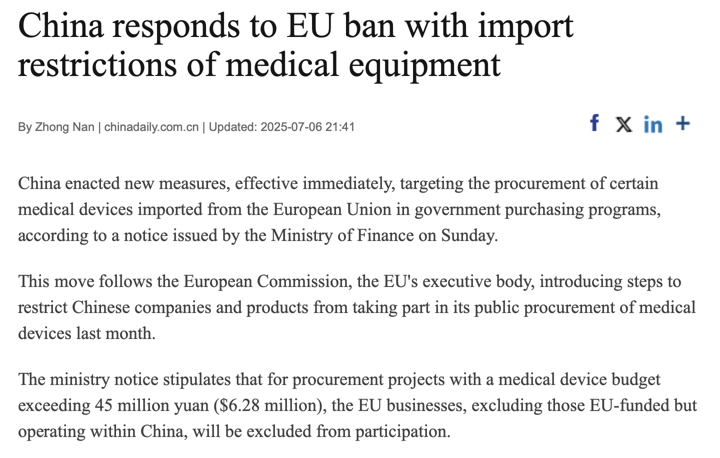 China responds to EU ban with import restrictions of medical equipment